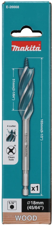 Makita Grąžtas medienai su 4 grioveliais ir 4 pjaunančiomis briaunomis, 18x165 mm, su 1/4" šešiakampiu koteliu 13,80 E-26668