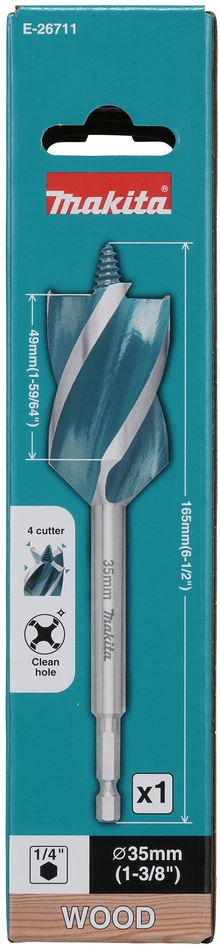 Makita Grąžtas medienai su 4 grioveliais ir 4 pjaunančiomis briaunomis, 35x165 mm, su 1/4" šešiakampiu koteliu E-26711