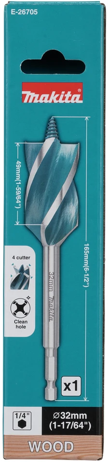 Makita Grąžtas medienai su 4 grioveliais ir 4 pjaunančiomis briaunomis, 32x165 mm, su 1/4" šešiakampiu koteliu E-26705