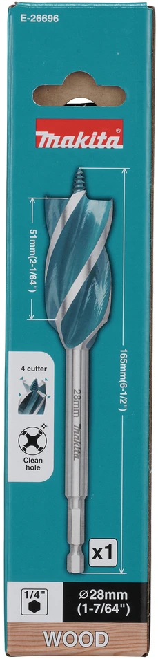 Makita Grąžtas medienai su 4 grioveliais ir 4 pjaunančiomis briaunomis, 28x165 mm, su 1/4" šešiakampiu koteliu E-26696