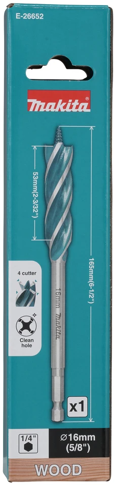 Makita Grąžtas medienai su 4 grioveliais ir 4 pjaunančiomis briaunomis, 16x165 mm, su 1/4" šešiakampiu koteliu E-26652