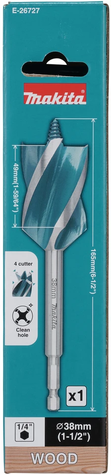 Makita Grąžtas medienai su 4 grioveliais ir 4 pjaunančiomis briaunomis, 38x165 mm, su 1/4" šešiakampiu koteliu E-26727