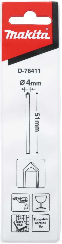 Makita Grąžtas stiklui, 4x51mm, su tiesiu apvaliu koteliu. D-78411