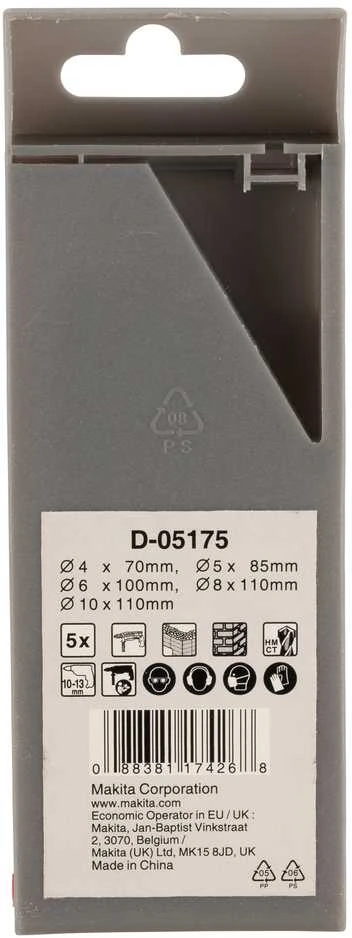 Grąžtas Makita Grąžtų mūrui komplektas(4x70mm; 5x85mm; 6x100mm; 8x110mm, 10x110) D-05175