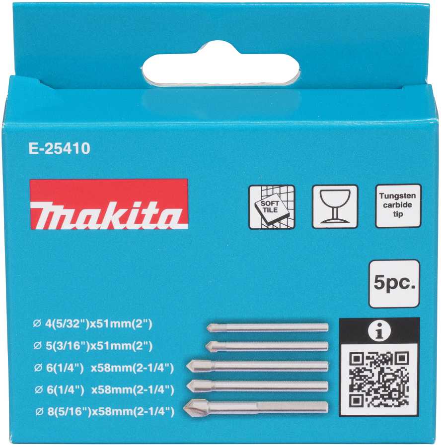 Grąžtas Makita Grąžtų rinkinys stiklui ir plytelėms: 4x51mm, 5x51mm, 6x58mm (2x), 8x58mm E-25410