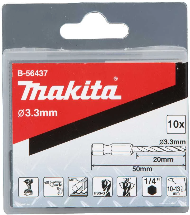 Makita HSS-G grąžtas metalui 3,3x50MM, 1/4". (10Vnt) B-56437