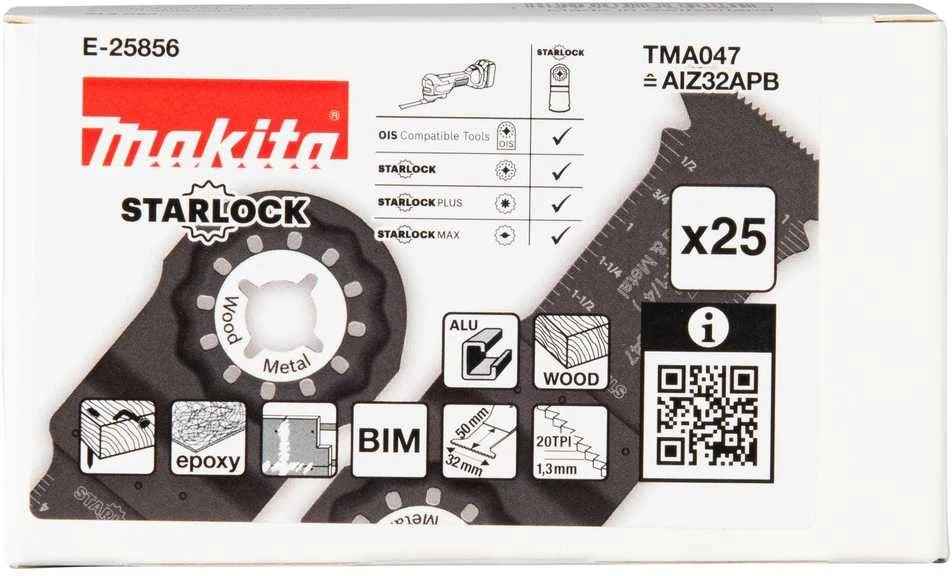 Makita Įgilinamieji pjovimo ašmenys 32mm TMA047; BIM, STARLOCK, medienai, metalui, 25 vnt. E-25856 TMA047; BIM, SL, Medis & Metalas
