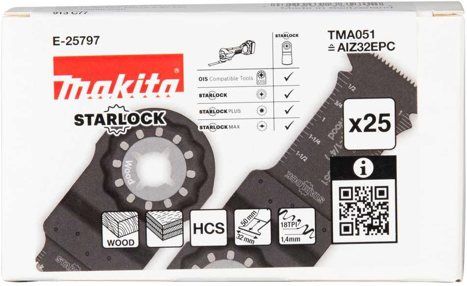Makita Įgilinamieji pjovimo ašmenys 32mm TMA051; HCS, STARLOCK, medienai, 25 vnt. E-25797 TMA051; HCS, SL, Medis