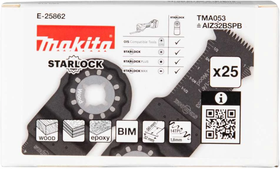 Makita Įgilinamieji pjovimo ašmenys 32mm TMA053; BIM, STARLOCK, medienai, 25 vnt. E-25862 TMA053; BIM, SL, Medis
