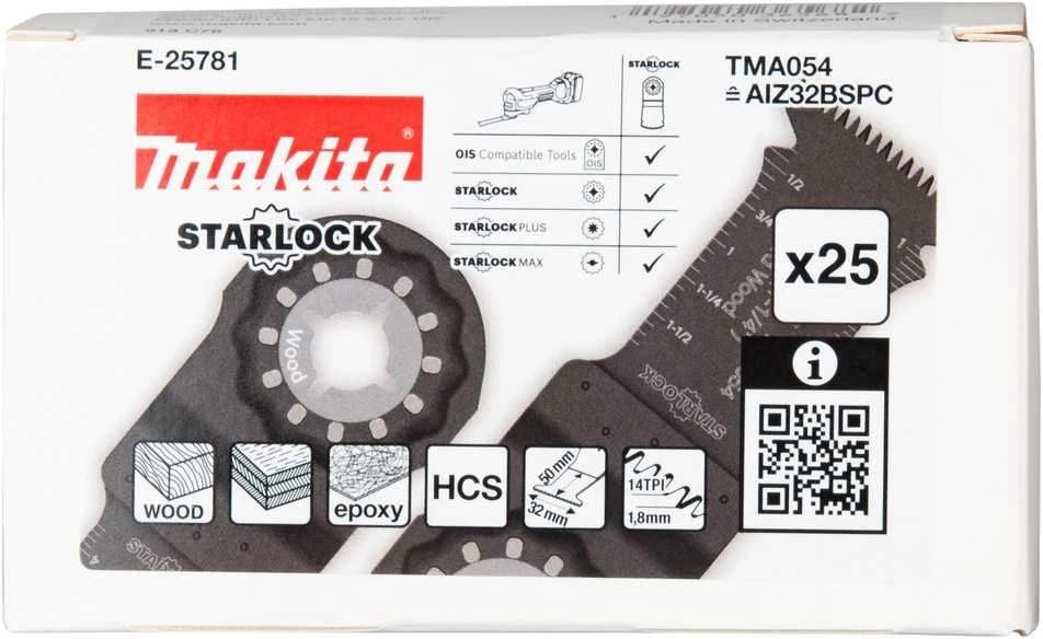 Makita Įgilinamieji pjovimo ašmenys 32mm TMA054; HCS, STARLOCK, medienai, 25 vnt. E-25781 TMA054; HCS, SL, Medis