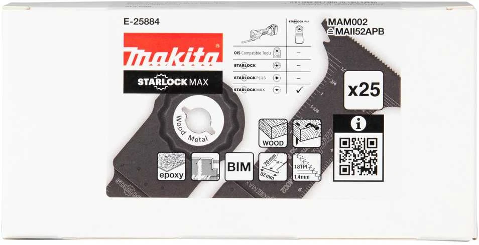 Makita Įgilinamieji pjovimo ašmenys 52mm, 18TPI MAM002; BIM, STARLOCK MAX, medienai, metalui, 25 vnt. E-25884 Starlock Max • 20 TPI • BiM • MAM002 • Medžiui / metalui