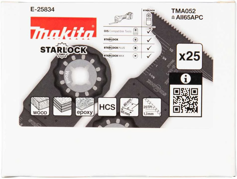 Makita Įgilinamieji pjovimo ašmenys 65mm TMA052; HCS, STARLOCK, medienai, 25 vnt. E-25834 TMA052; HCS, SL, Medis