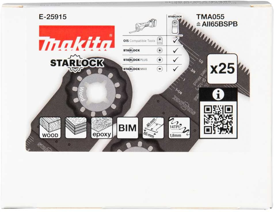 Makita Įgilinamieji pjovimo ašmenys 65mm TMA055; BIM, STARLOCK, Medis, 25 vnt. E-25915 TMA055; BIM, SL , Medis