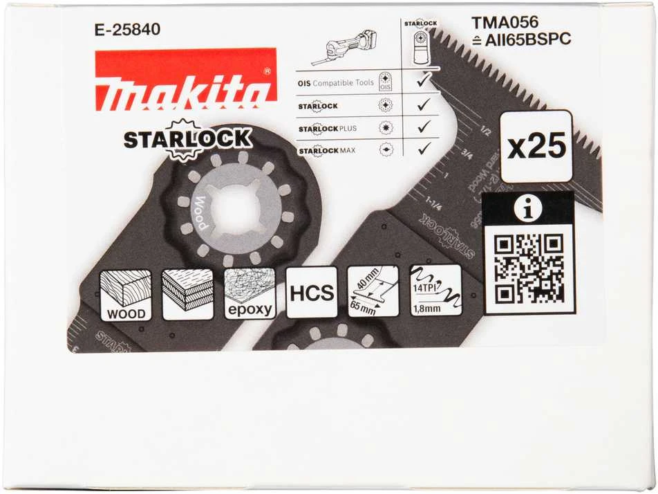 Makita Įgilinamieji pjovimo ašmenys 65mm TMA056; HCS, STARLOCK, medienai, 25 vnt. E-25840 TMA056; HCS, SL, Medis