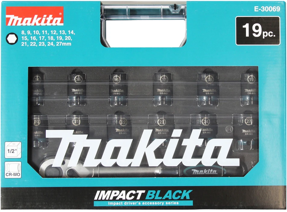 Makita IMPACT Juodas 1/2" smūginių sukimo galvų rinkinys, 19 vnt. E-30069