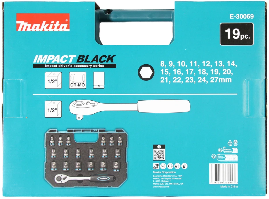 Makita IMPACT Juodas 1/2" smūginių sukimo galvų rinkinys, 19 vnt. E-30069