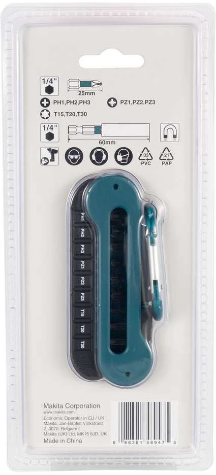 Makita Impact Juodas 10vnt. Torsion sukimo antgalių komplektas E-12005 (PH1,PH2,PH3,PZ1,PZ2,PZ3,T15,T20x,T30, magnetinis laikiklis 50mm)