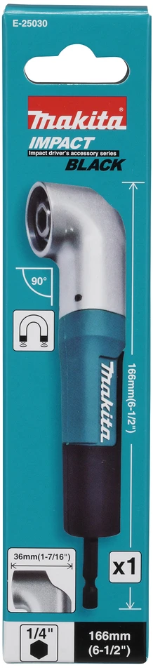 Makita Impact Juodas kampinis adapteris akumuliatoriniams suktuvams ir gręžtuvams, skirtas 1/4" sukimo antgaliams E-25030
