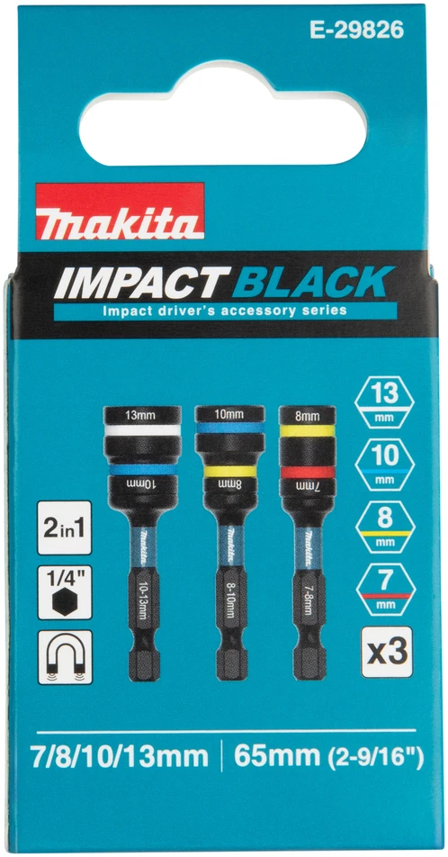 Makita Kombinētas uzgriežņu galviņu Impact Juodas 2-in-1 MZ komplekts, 3 gab., 7/8x65mm, 8/10x65mm, 10/13x65mm E-29826 7/8x65mm, 8/10x65mm, 10/13x65mm