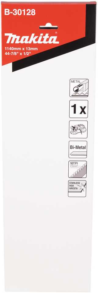 Makita Pjovimo juosta 13x0,5x1140mm, 10 Tpi, BIM, >6mm, plastikui, spalvotiesiems metalams, minkštam plienui, lietam plienui, ketui, kietam plienui ir nerūdijančiam plienui, 1 vnt. pakuotėje. B-30128