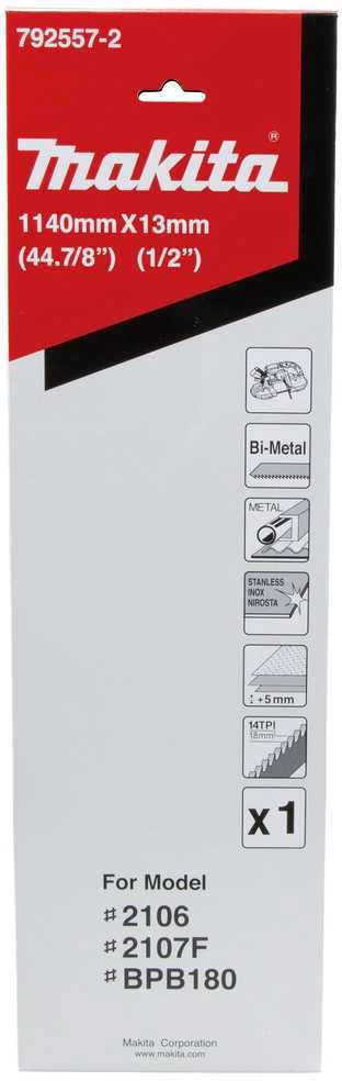 Makita Pjovimo juosta 13x0,5x1140mm, 14 Tpi, BIM, >5mm, plastikui, spalvotiesiems metalams, minkštam plienui, lietam plienui, ketui, kietam plienui ir nerūdijančiam plienui, 1 vnt. pakuotėje. 792557-2