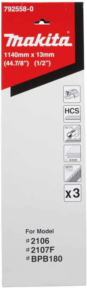 Makita Pjovimo juosta 13x0,5x1140mm 24 Tpi HCS <4mm, plastikui, spalvotiesiems metalams, minkštam plienui, 3 vnt. pakuotėje. 792558-0