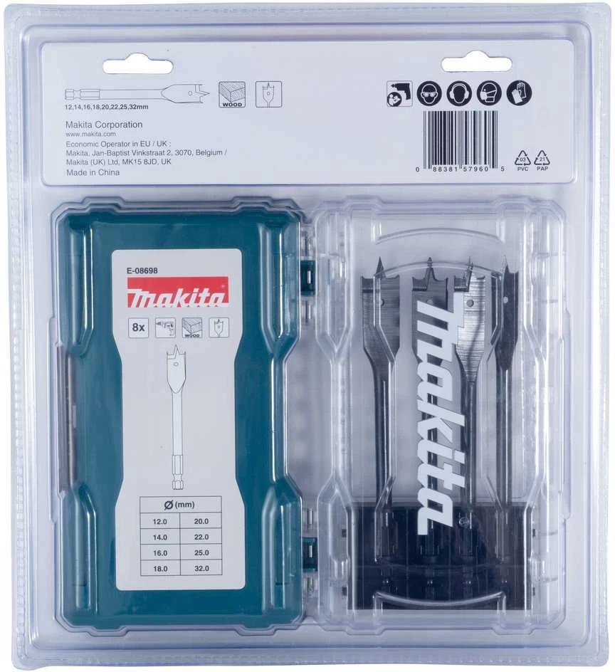 Grąžtas Makita Plunksninių medienos grąžtų rinkinys, 8 vnt (12, 14, 16, 18, 20, 22, 25, 32 mm) E-08698