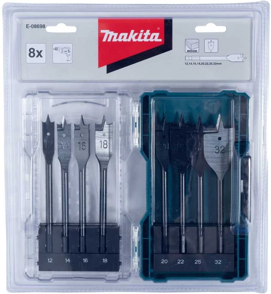 Grąžtas Makita Plunksninių medienos grąžtų rinkinys, 8 vnt (12, 14, 16, 18, 20, 22, 25, 32 mm) E-08698