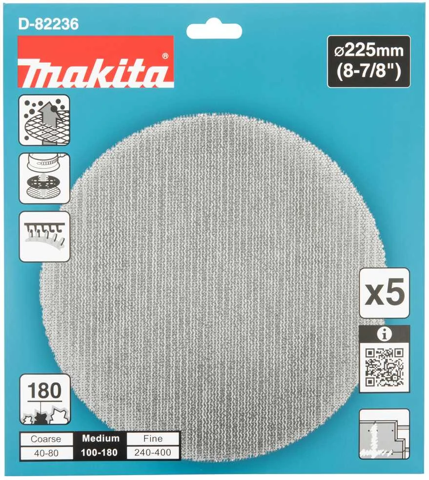 Makita Šlifavimo tinklelis sienų glaistui šlifuoti (5 vnt.), φ225mm, A180 D-82236 DSL801