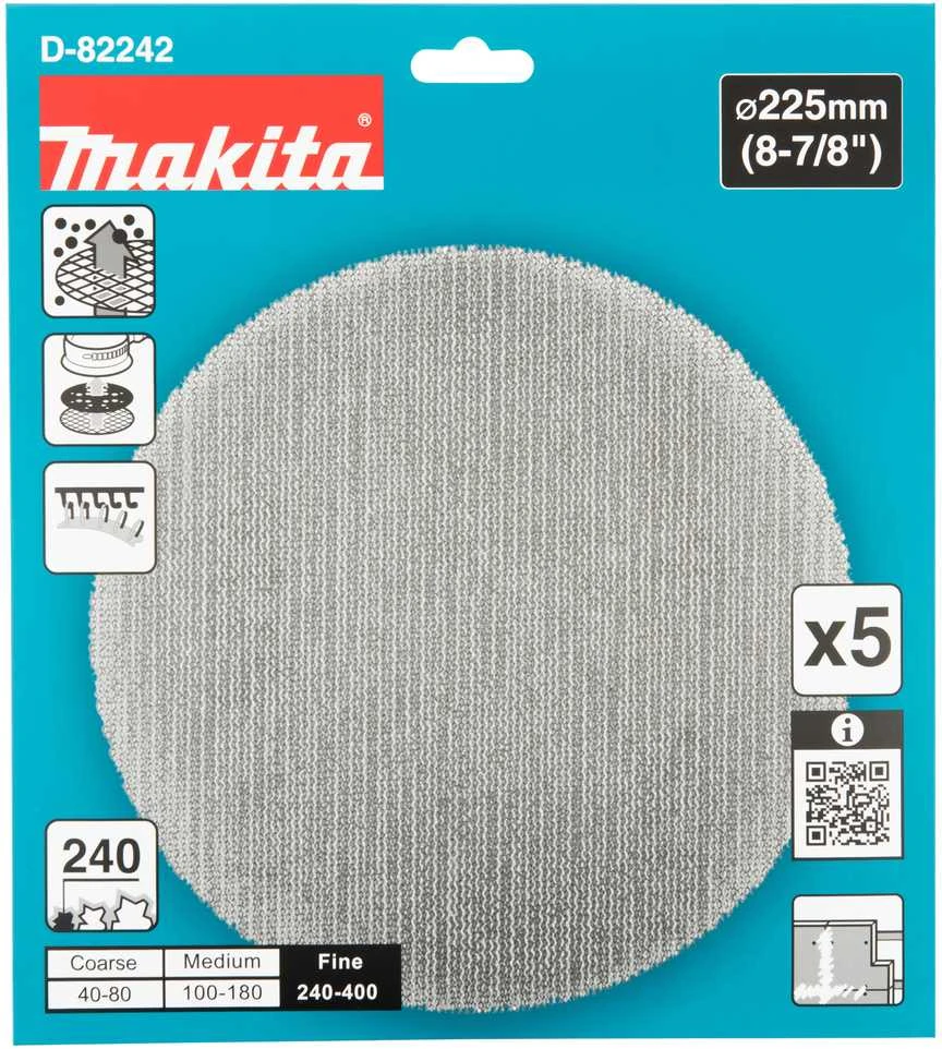 Makita Šlifavimo tinklelis sienų glaistui šlifuoti (5 vnt.), φ225mm, A240 D-82242 DSL801