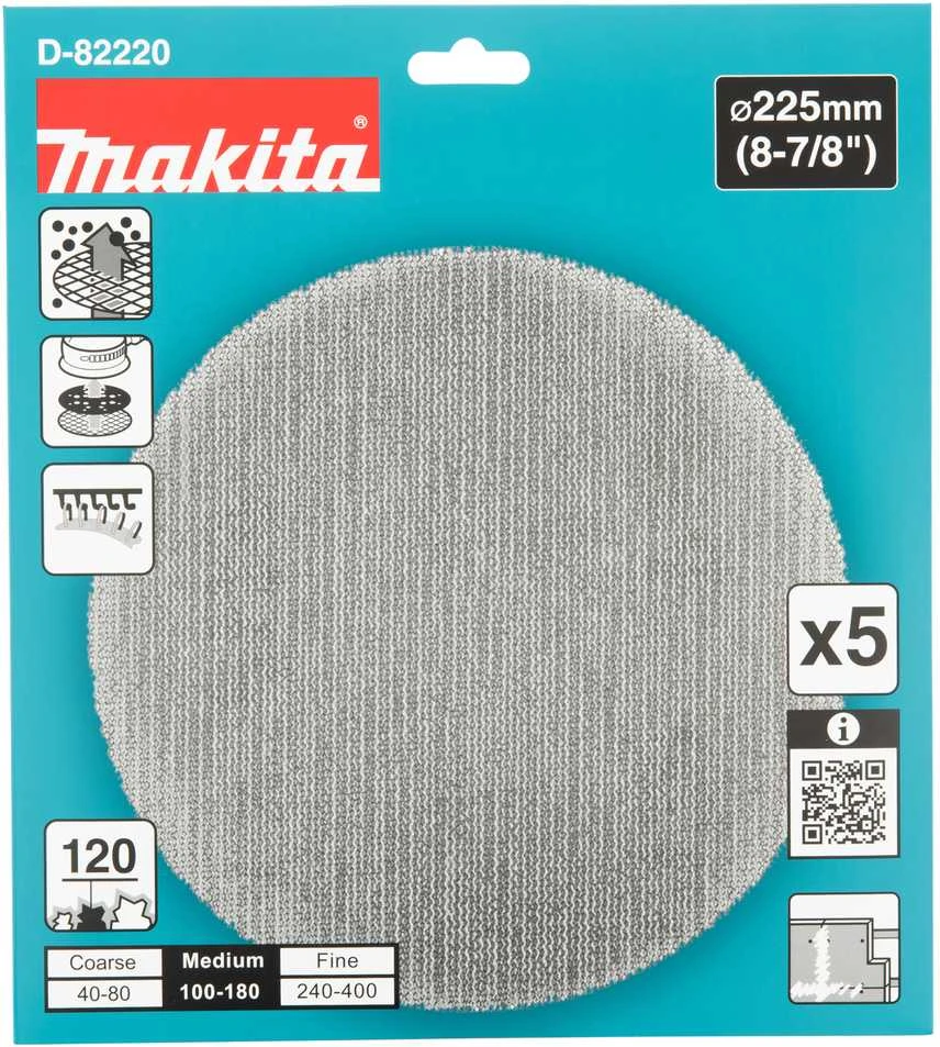 Makita Šlifavimo tinklelis sienų glaistui šlifuoti (5 vnt.), φ225mm, A120 D-82220 DSL801