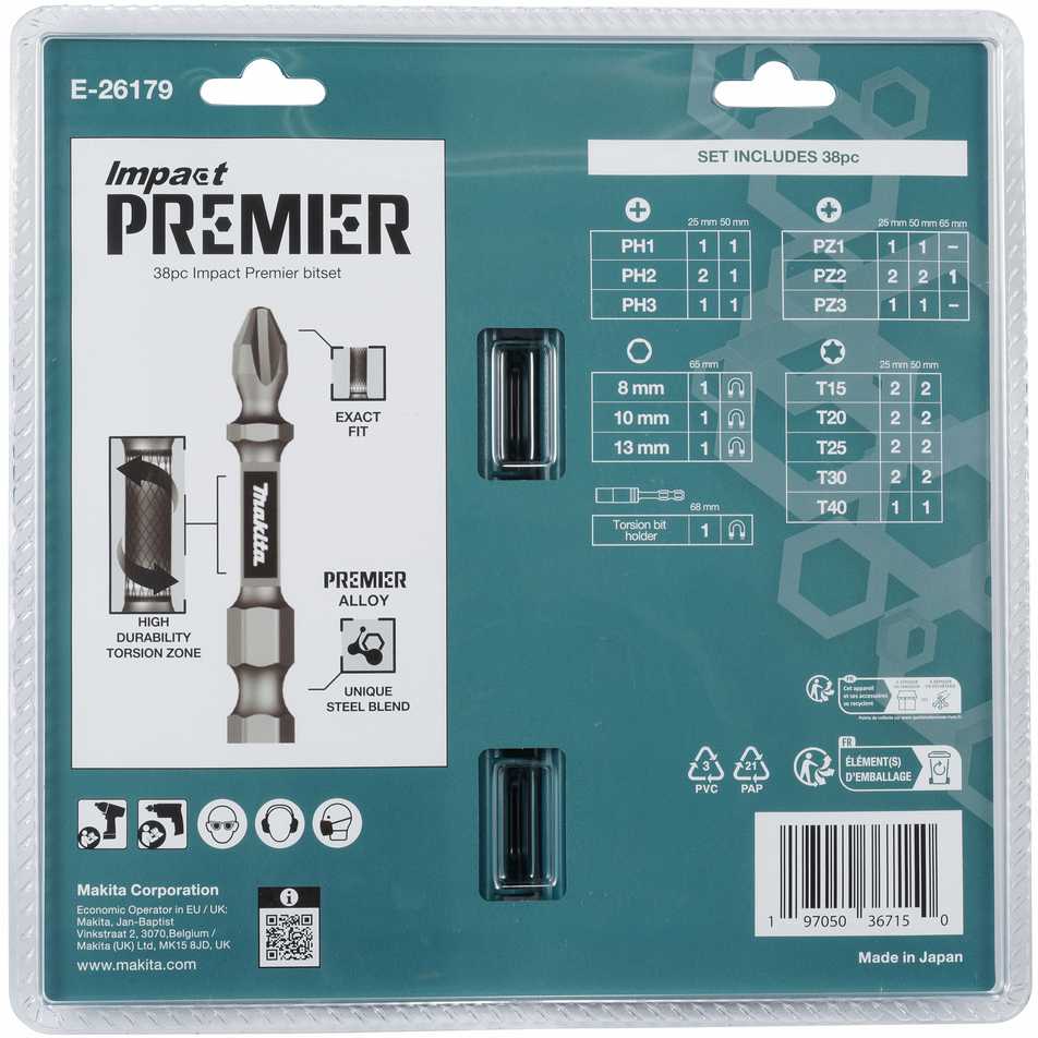 Makita Smūginių sukimo antgalių rinkinys Impact PREMIER, 38 vnt. E-26179