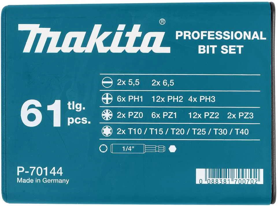 Makita Sukimo antgalių komplektas 61 vnt. (5.5; 6.5;PH1;PH2;PH3;PZ0;PZ1;PZ2,PZ3,T10;T15;T20;T25;T30;T40) P-70144