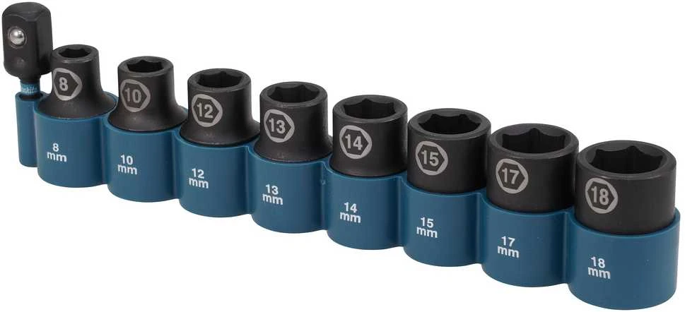 Makita Sukimo antgalių komplektas 9 vnt. 1/2''x 38mm (8, 10, 11, 12, 13, 14, 15, 16, 17, 18mm) +Adapteris 1/2"x50mm E-16645