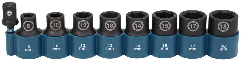 Makita Sukimo antgalių komplektas 9 vnt. 1/2''x 38mm (8, 10, 11, 12, 13, 14, 15, 16, 17, 18mm) +Adapteris 1/2"x50mm E-16645