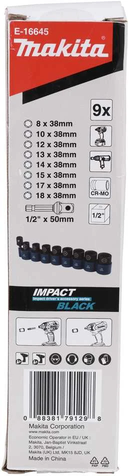 Makita Sukimo antgalių komplektas 9 vnt. 1/2''x 38mm (8, 10, 11, 12, 13, 14, 15, 16, 17, 18mm) +Adapteris 1/2"x50mm E-16645