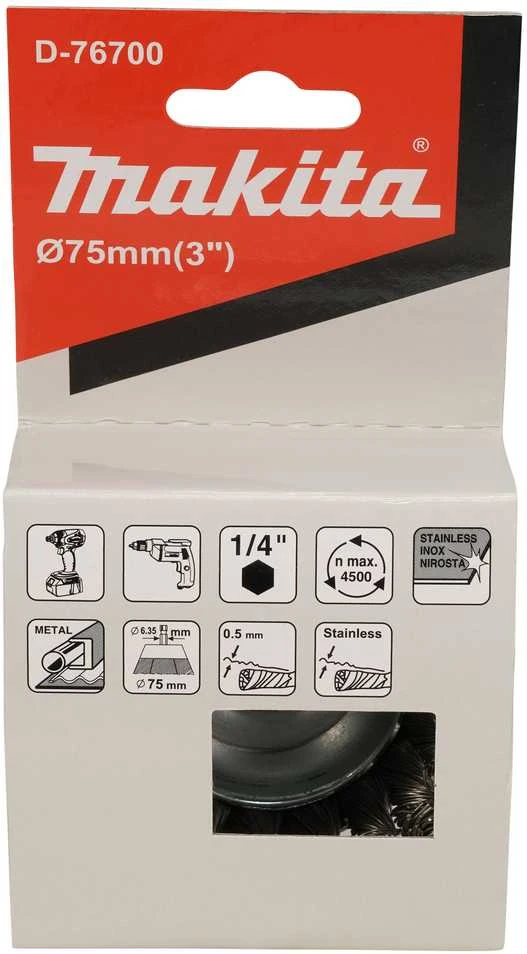Makita Taurės formos 75mm, su 1/4'' šešiakampiu antgaliu, Nerūdijantis plienas (Sukta viela) D-76700