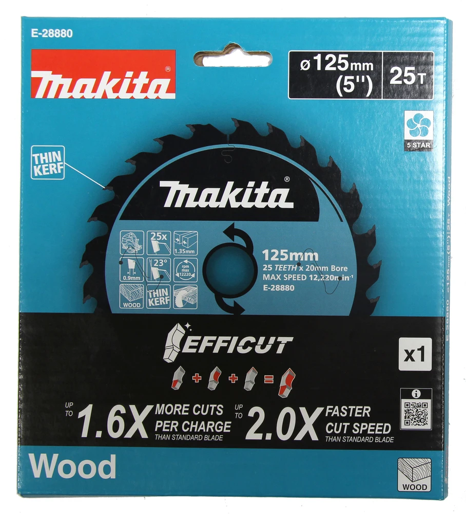 Makita T.C.T. pjovimo ašmenys, 125x20/25T/1,35, Efficut E-28880