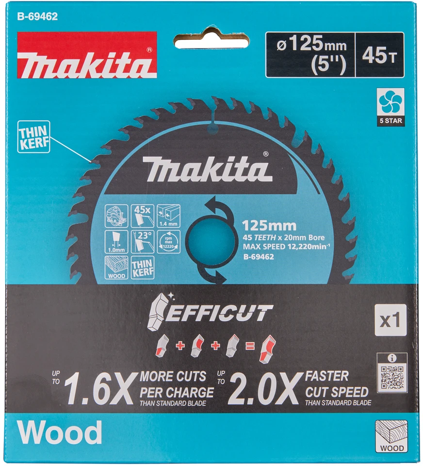 Makita T.C.T. pjovimo ašmenys, 125x20/45T/1,4, Efficut B-69462