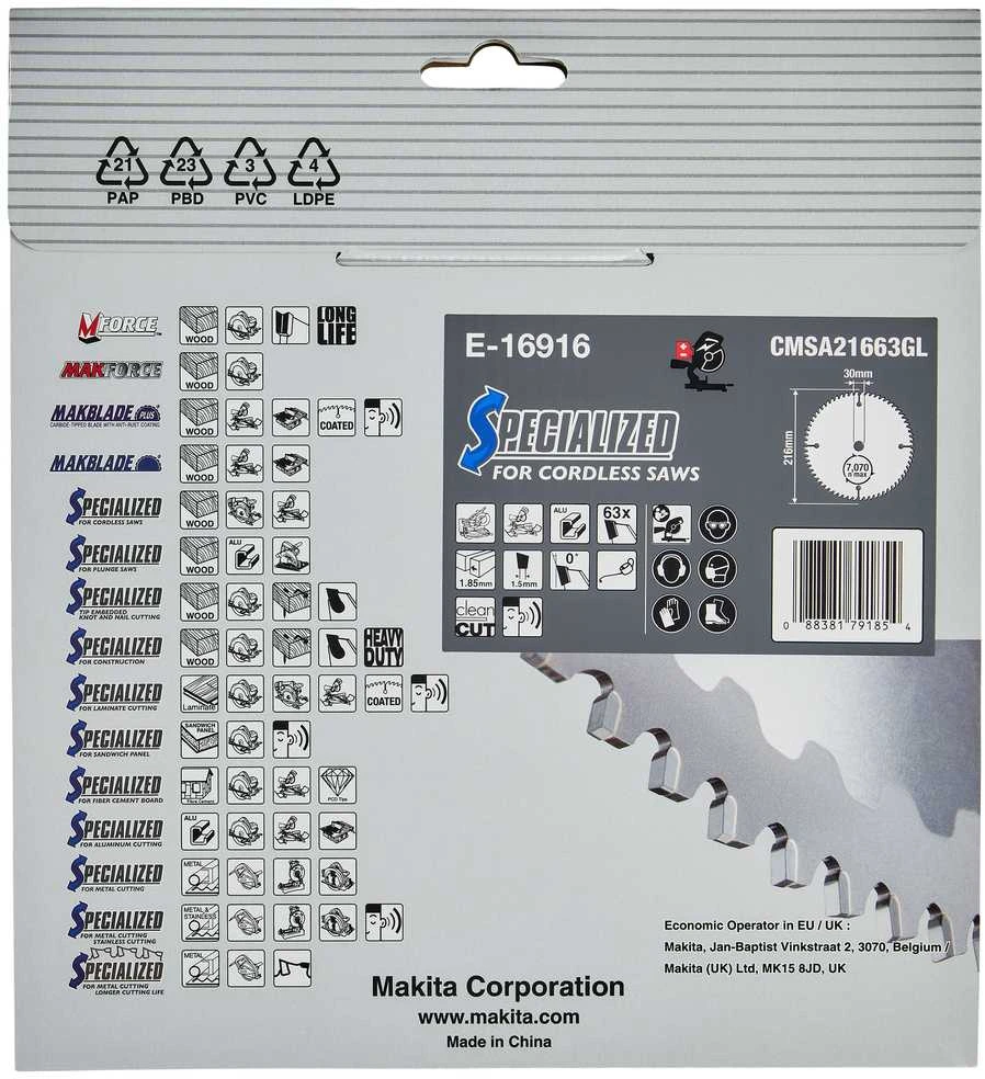 Makita T.C.T. pjovimo diskai aliuminiui, 216 x 30 mm, 63T, EFFICUT E-16916