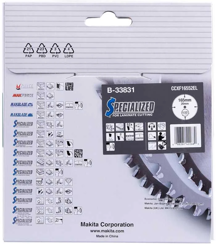 Makita T.C.T. pjovimo diskas B-33831 T.C.T • 165 x20 mm • T52 • 5° • MDF/laminatui