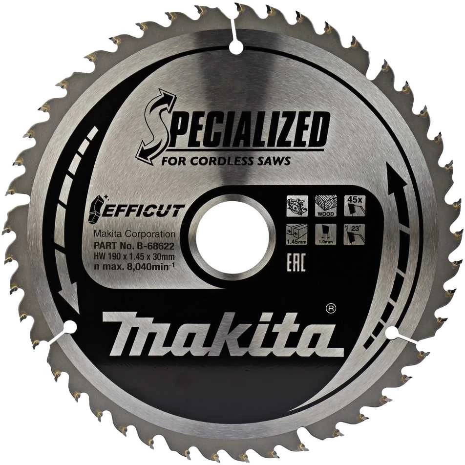 Makita T.C.T. pjovimo diskas EFFICUT B-68622 T.C.T • 190 x30 mm • T45 • 23° • Medienai