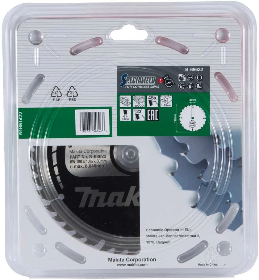 Makita T.C.T. pjovimo diskas EFFICUT B-68622 T.C.T • 190 x30 mm • T45 • 23° • Medienai