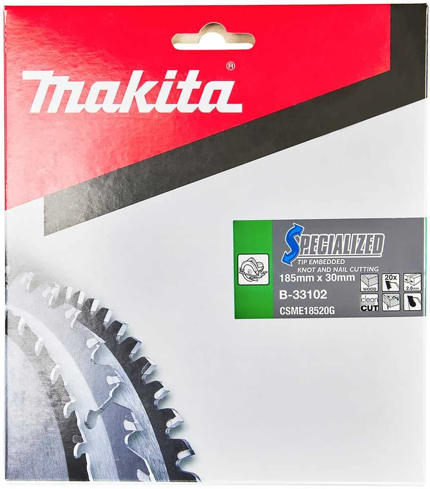 Makita T.C.T. pjovimo diskas SPECIALIZED 185X2X30mm 25° T20 B-33102 T.C.T • 185 x30 mm • T20 • 25° • medienai/medienai su vinimis