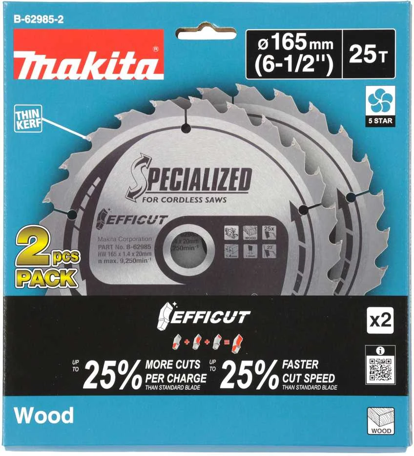 Makita T.C.T. pjūklas 165X1.4X20mm 23° T25 EFFICUT 2 vnt. B-62985-2