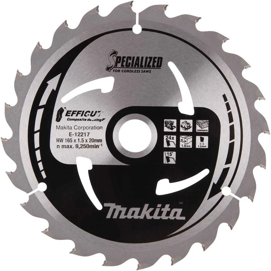Makita T.C.T. pjūklas 165X1.5X20mm 15° T24 EFFICUT klijuotoms plokštėms E-12217