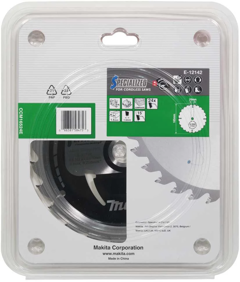 Makita T.C.T. pjūklas 165X1.5X20mm 15° T24 EFFICUT klijuotoms plokštėms E-12217