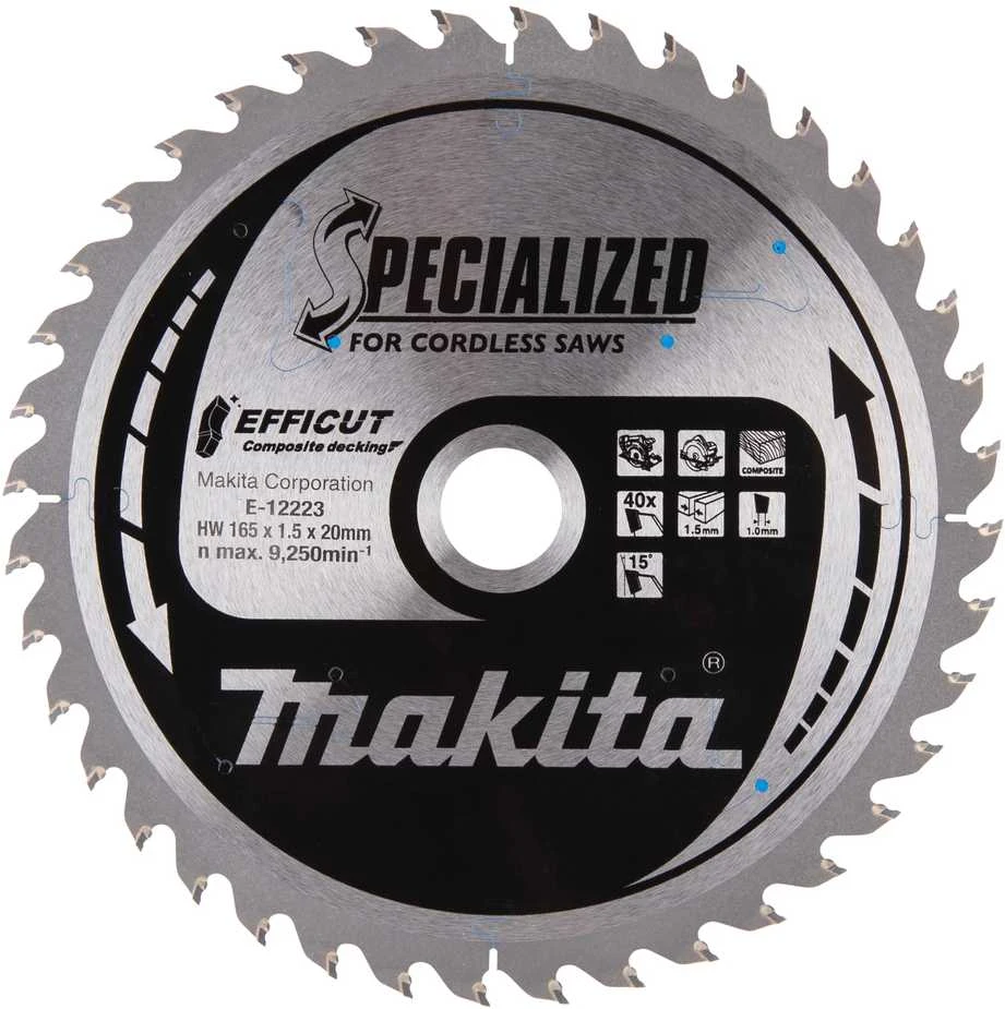 Makita T.C.T. pjūklas 165X1.5X20mm 15° T40 EFFICUT klijuotoms plokštėms E-12223