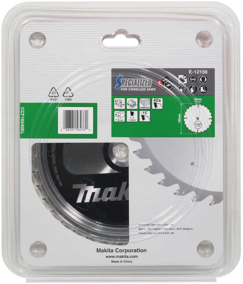 Makita T.C.T. pjūklas 165X1.5X20mm 15° T40 EFFICUT klijuotoms plokštėms E-12223