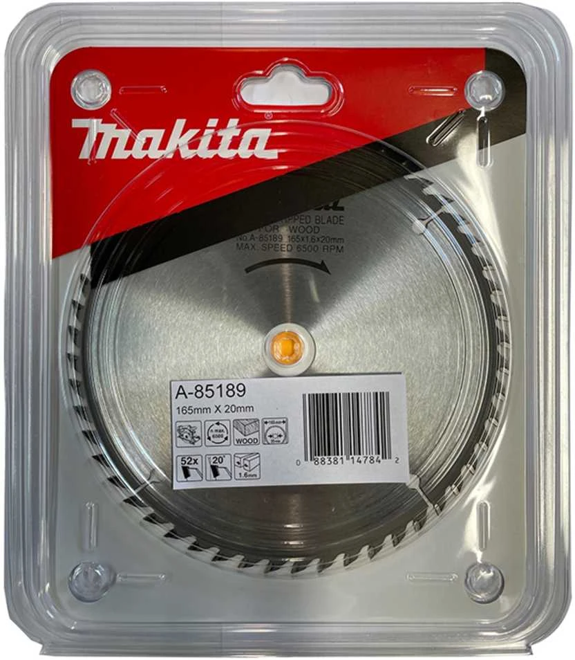 Makita T.C.T. pjūklas 165X1.6X20mm 20° T52 A-85189 T.C.T • 165 x20 mm • T52 • 20° • Medienai